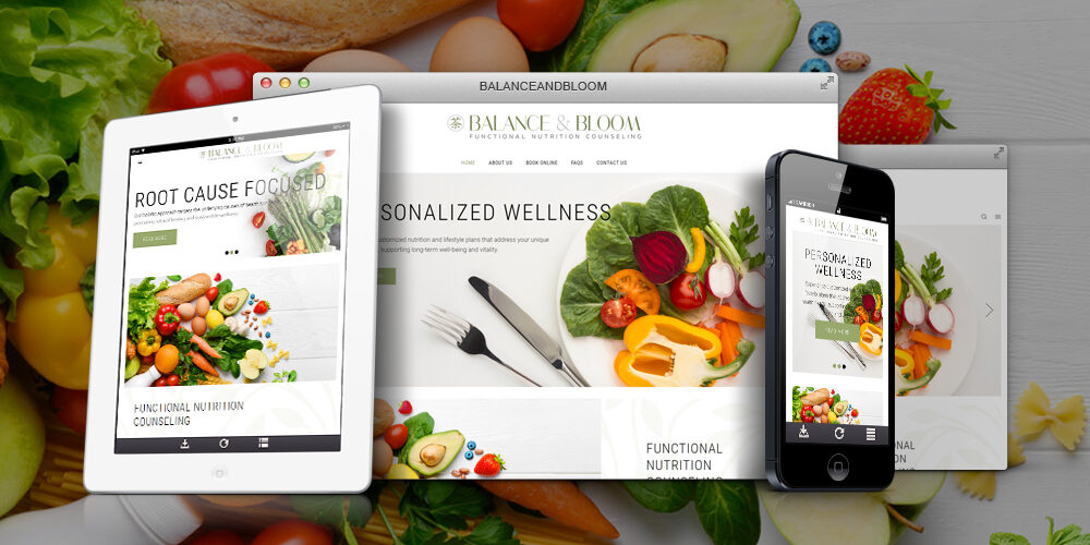 Balance and Bloom website shown on desktop, tablet, and phone