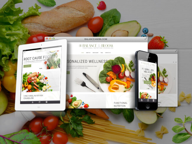 Balance and Bloom website shown on desktop, tablet, and phone