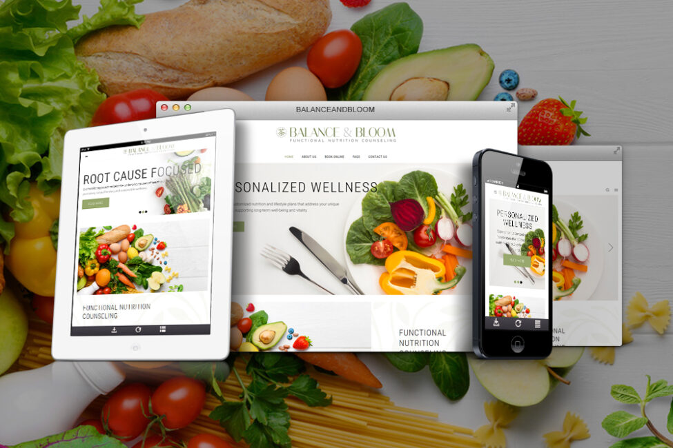 Balance and Bloom website shown on desktop, tablet, and phone