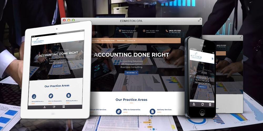 Edmiston Accounting website shown on desktop, tablet, and phone