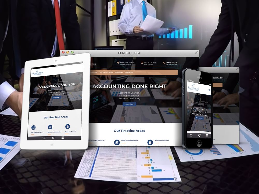 Edmiston Accounting website shown on desktop, tablet, and phone
