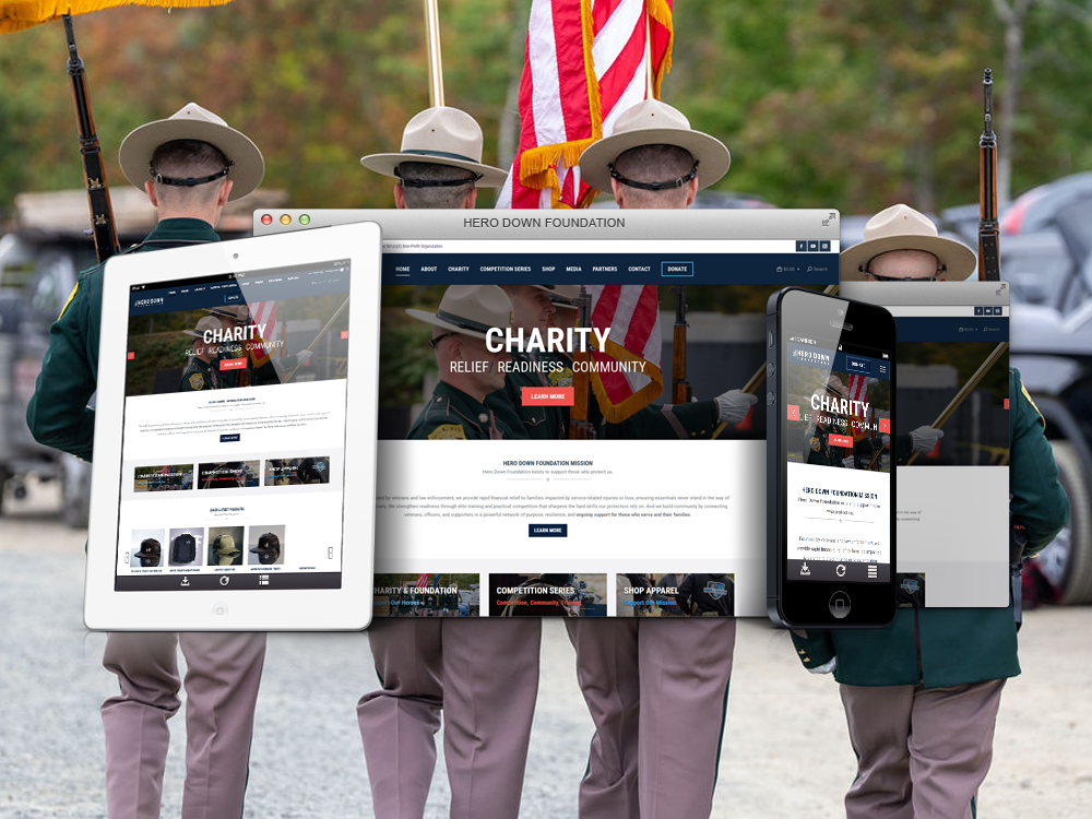 Hero Down Foundation website shown on desktop, tablet, and phone