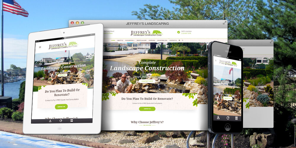 Jeffrey's Landscaping website shown on desktop, tablet, and phone