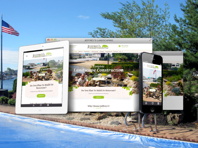 Jeffrey's Landscaping website shown on desktop, tablet, and phone
