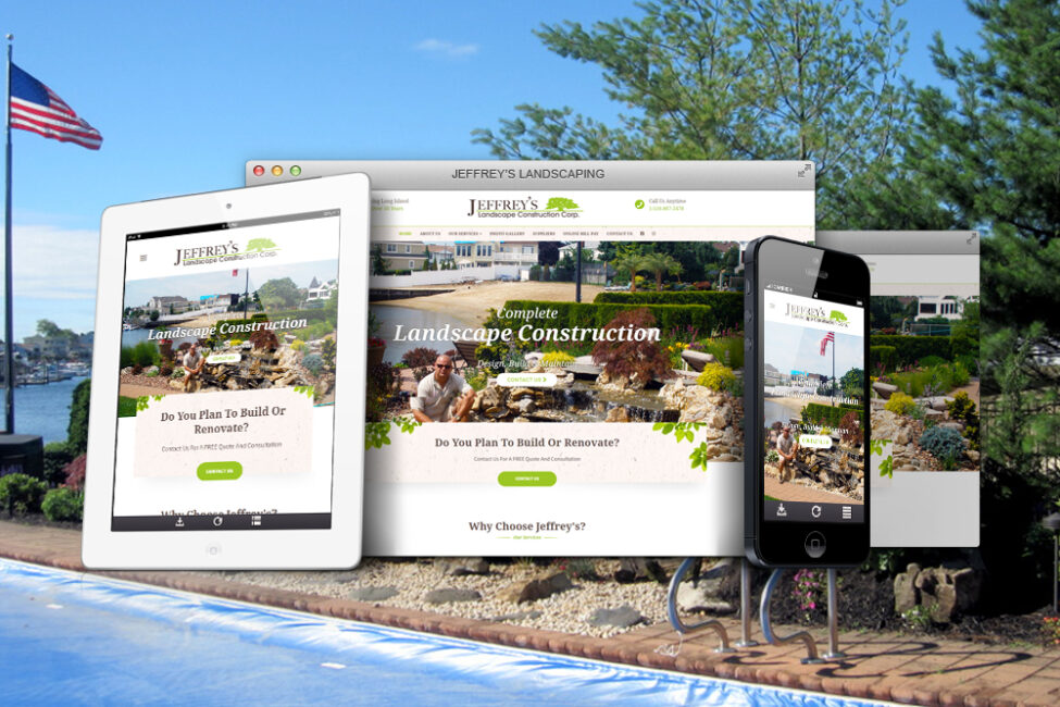 Jeffrey's Landscaping website shown on desktop, tablet, and phone
