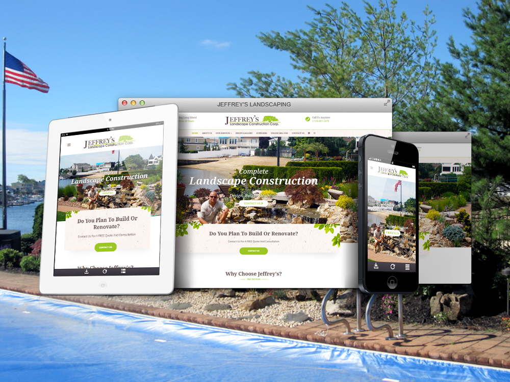 Jeffrey's Landscaping website shown on desktop, tablet, and phone