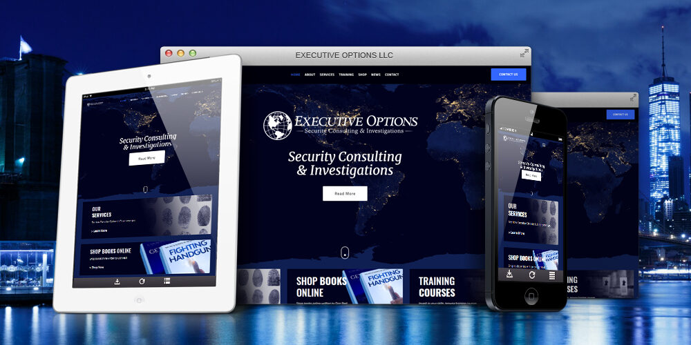 Executive Options website shown on desktop, tablet, and phone