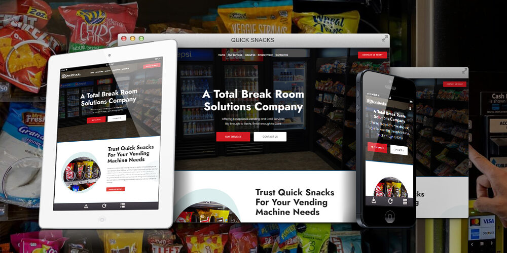 Quick Snacks website shown on desktop, tablet, and phone
