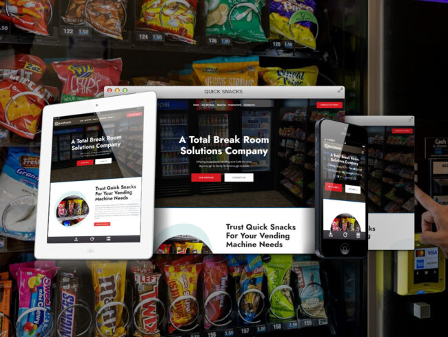 Quick Snacks website shown on desktop, tablet, and phone