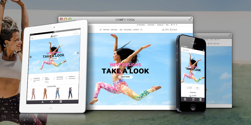 Comfy Yoga website shown on desktop, tablet, and phone