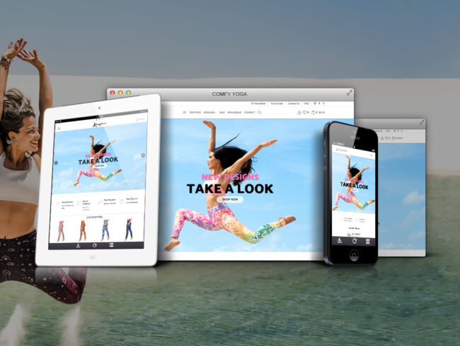Comfy Yoga website shown on desktop, tablet, and phone