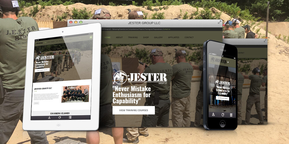 Jester Group LLC website shown on desktop, tablet, and phone
