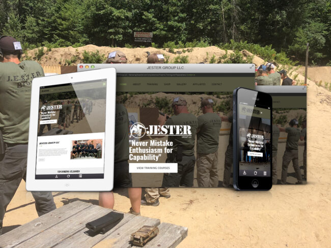 Jester Group LLC website shown on desktop, tablet, and phone