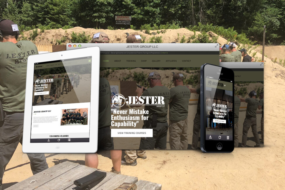 Jester Group LLC website shown on desktop, tablet, and phone
