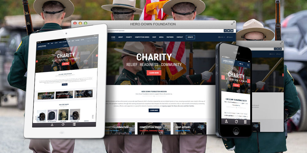 Hero Down Foundation website shown on desktop, tablet, and phone