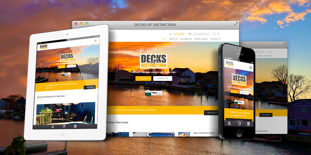 Decks of Distinction website shown on desktop, tablet, and phone