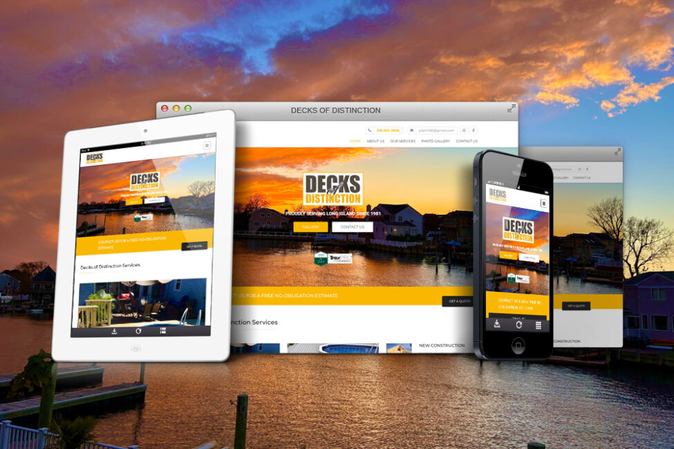 Decks of Distinction website shown on desktop, tablet, and phone