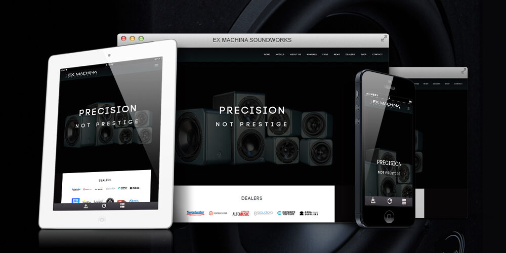 ExMachina Soundworks website shown on desktop, tablet, and phone