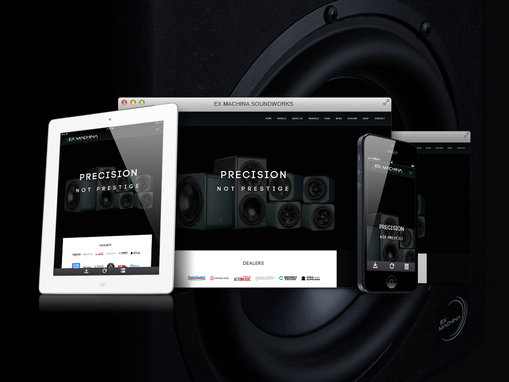 ExMachina Soundworks website shown on desktop, tablet, and phone