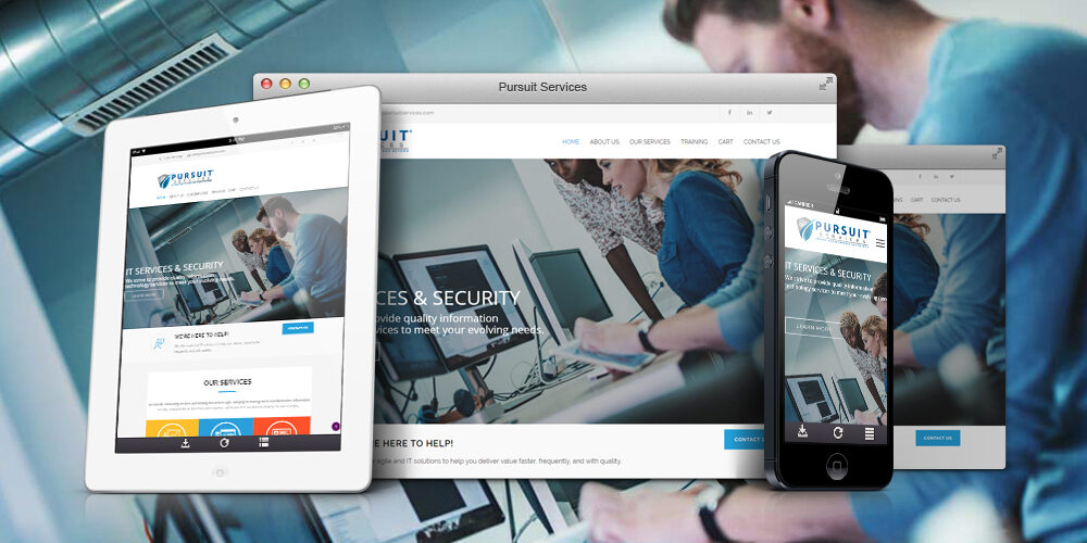 Pursuit Services website shown on desktop, tablet, and phone
