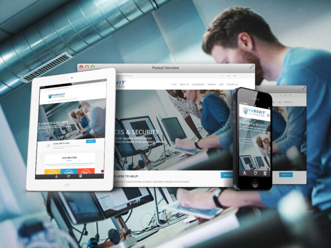 Pursuit Services website shown on desktop, tablet, and phone