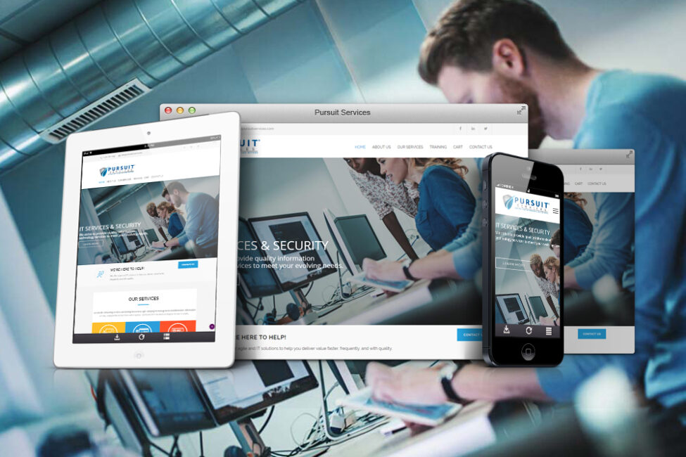 Pursuit Services website shown on desktop, tablet, and phone