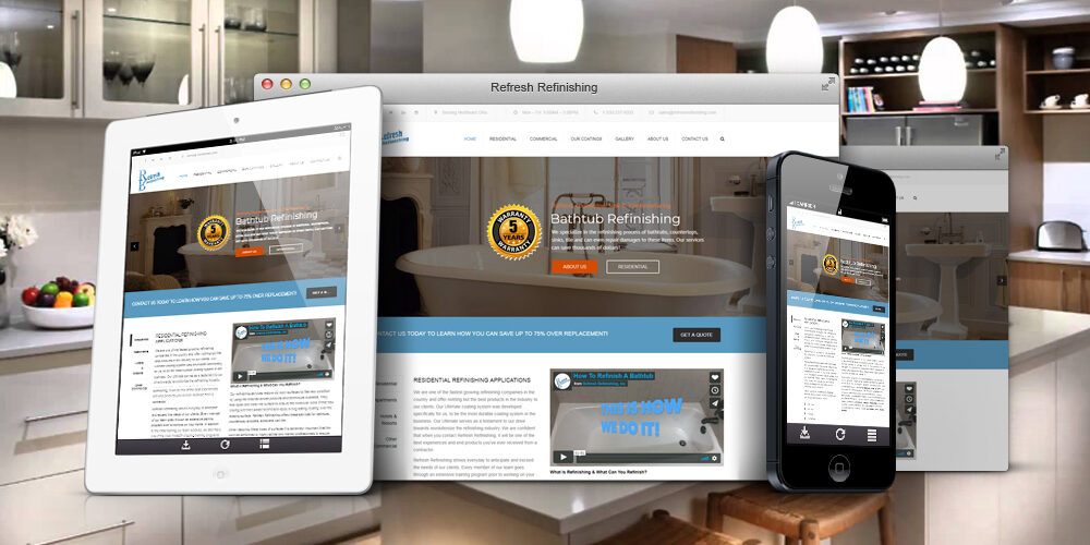 Refresh Refinishing website shown on desktop, tablet, and phone