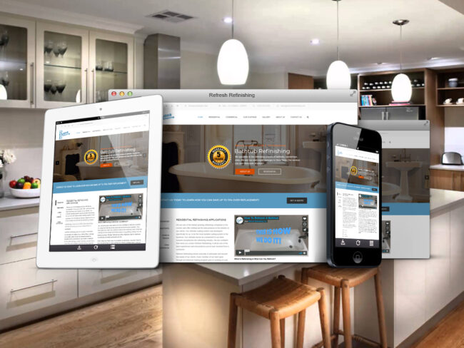 Refresh Refinishing website shown on desktop, tablet, and phone
