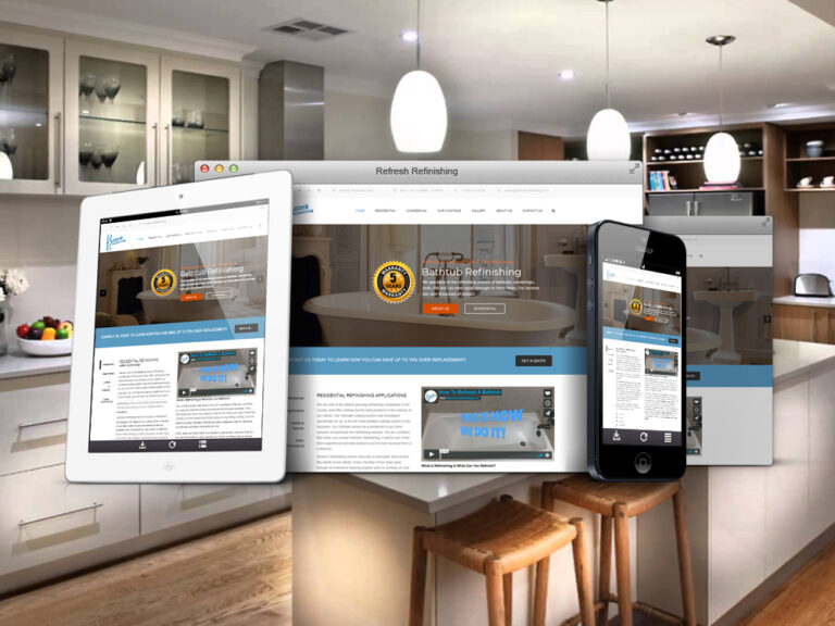 Refresh Refinishing website shown on desktop, tablet, and phone