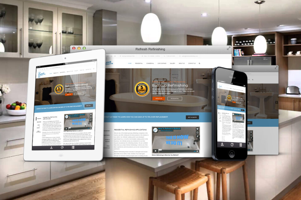 Refresh Refinishing website shown on desktop, tablet, and phone