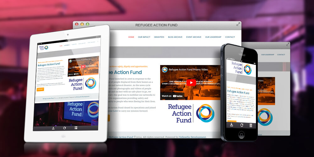 Refugee Action Fund Non-profit website shown on desktop, tablet, and phone