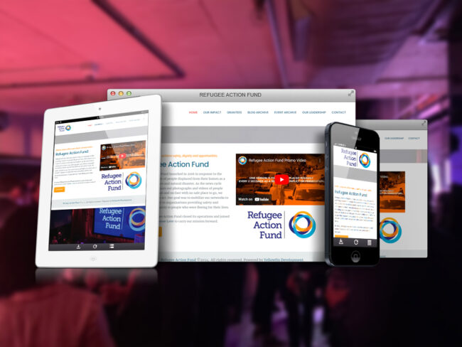 Refugee Action Fund Non-profit website shown on desktop, tablet, and phone