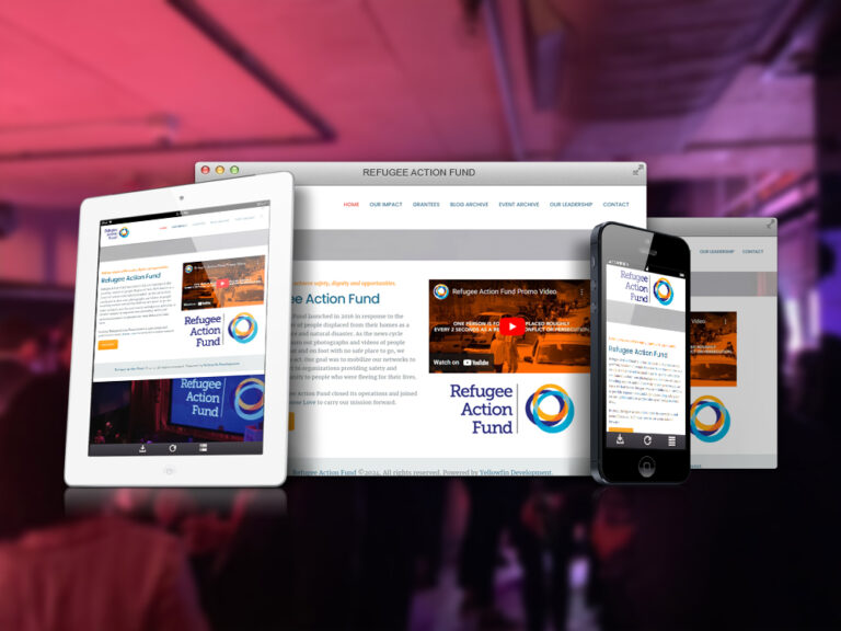 Refugee Action Fund Non-profit website shown on desktop, tablet, and phone