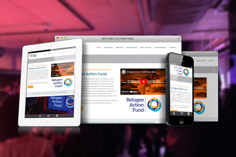 Refugee Action Fund Non-profit website shown on desktop, tablet, and phone