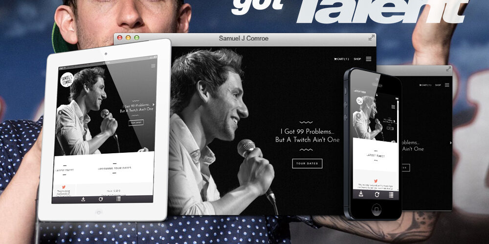 Samuel J. Comroe Comedian website shown on desktop, tablet, and phone