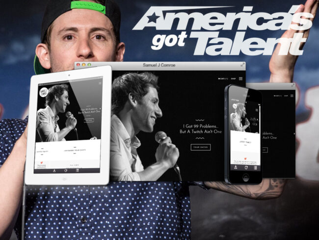 Samuel J. Comroe Comedian website shown on desktop, tablet, and phone