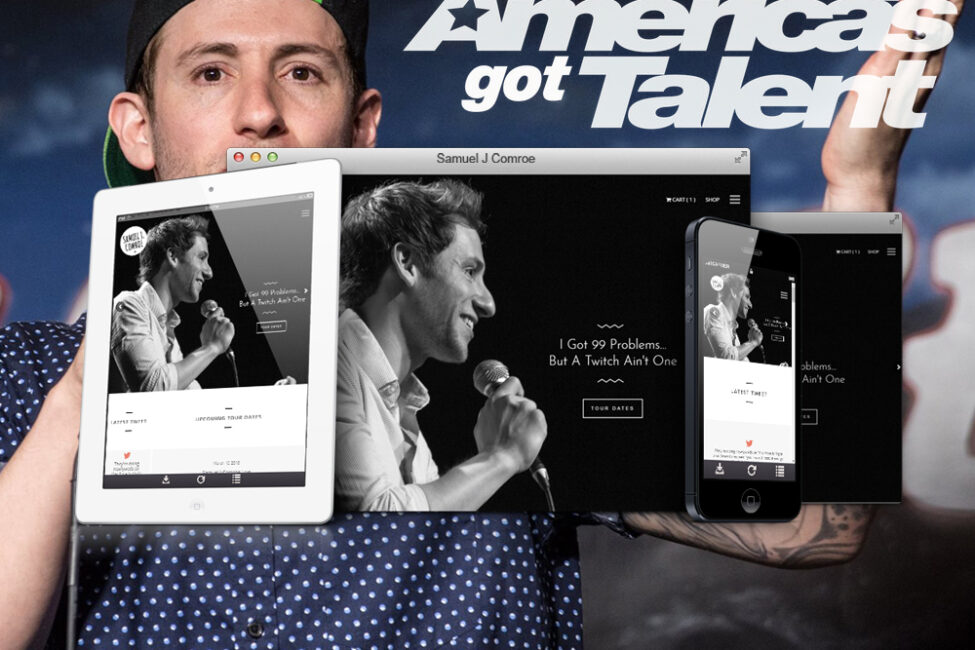Samuel J. Comroe Comedian website shown on desktop, tablet, and phone