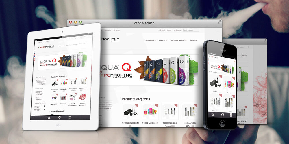 Vape Machine website shown on desktop, tablet, and phone