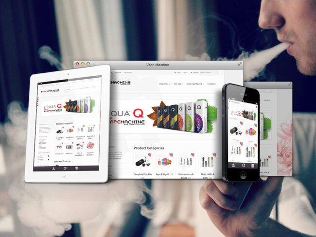 Vape Machine website shown on desktop, tablet, and phone