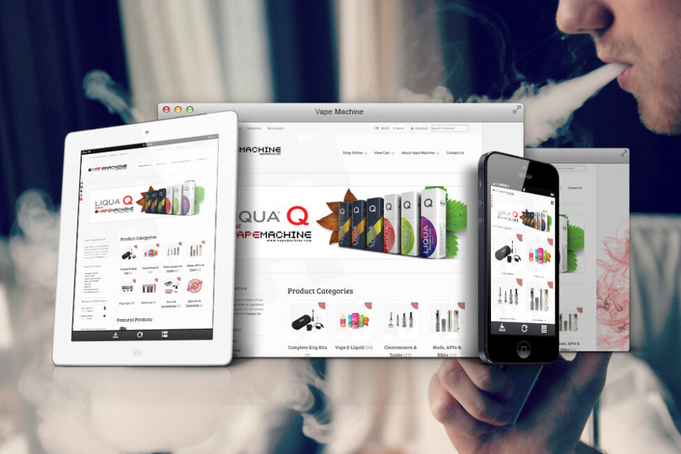 Vape Machine website shown on desktop, tablet, and phone