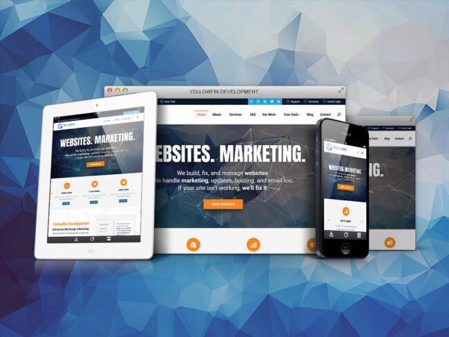 yellowfin-development-website-rebuild-responsive Yellowfin Development website shown on desktop, tablet, and mobile devices displaying the Websites Marketing homepage