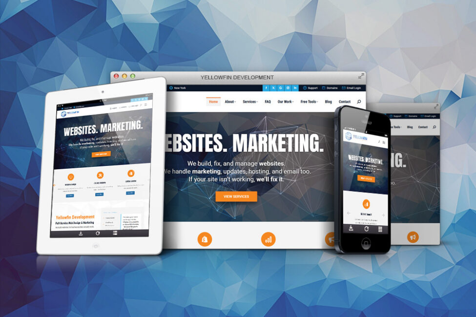 Yellowfin Development website shown on desktop, tablet, and mobile devices displaying the Websites Marketing homepage