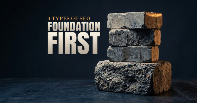 Three small stone blocks stacked on a much larger foundation block - the four types of SEO, with technical work as the base everything else rests on.