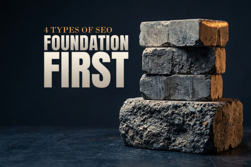 Three small stone blocks stacked on a much larger foundation block - the four types of SEO, with technical work as the base everything else rests on.