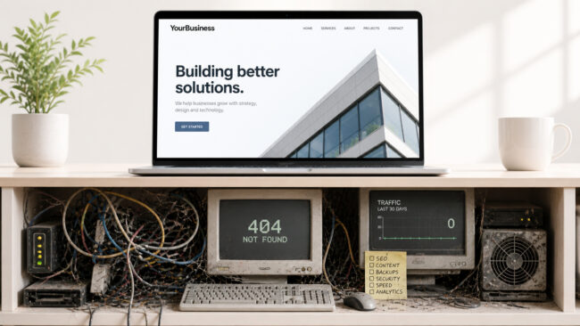 Modern business website on a laptop sitting on top of broken servers showing 404 error and zero website traffic