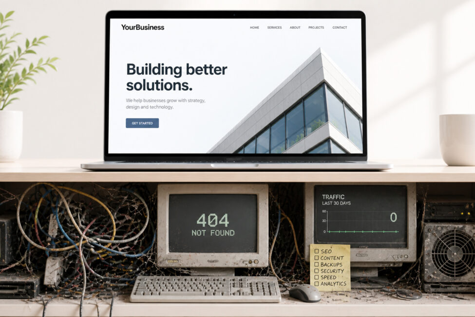 Modern business website on a laptop sitting on top of broken servers showing 404 error and zero website traffic