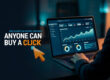 Laptop showing a rising advertising dashboard chart beside the headline Anyone Can Buy a Click