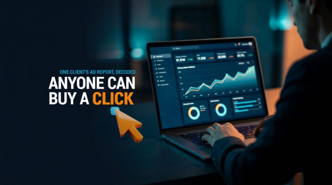 Anyone Can Buy a Click – One Client’s Ad Report, Decoded Laptop showing a rising advertising dashboard chart beside the headline Anyone Can Buy a Click