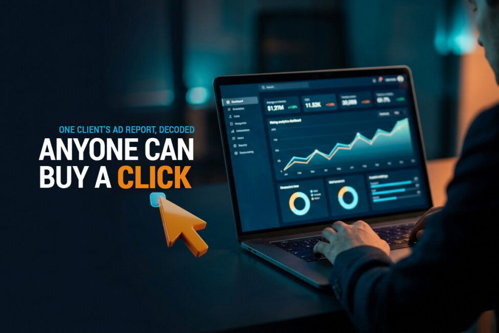 Laptop showing a rising advertising dashboard chart beside the headline Anyone Can Buy a Click