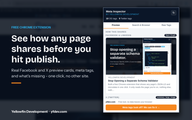Meta Inspector Chrome extension by Yellowfin showing a rendered Facebook and X social preview card for a webpage